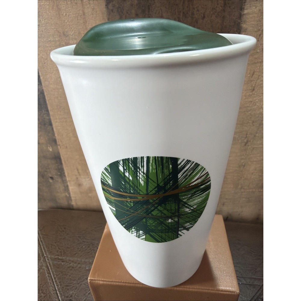 Starbucks 2014 Crosshatch Graphic Green Dot Ceramic Travel Tumbler Mug 12oz Lid